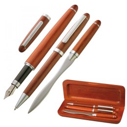 3-częściowy drewniany zestaw z długopisem, wiecznym piórem i otwieraczem do listów kolor Brązowy